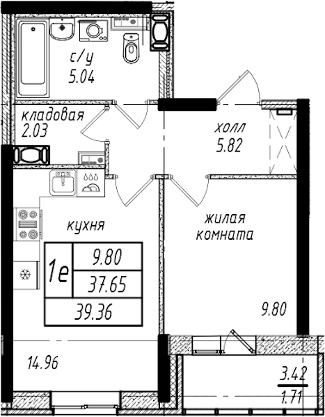 1-комнатная квартира 39.36 м², 13/25 эт., ЖК «Северная Долина»